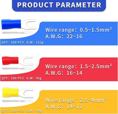 300Pcs U-Type Fork Spade Connectors Fork Wire Insulated Connectors Fork Crimp Terminal Cnnectors, 100pcs in Blue, Red, and Yellow Each in Saudi Arabia