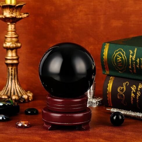 CHENGU Obsidian Crystal Ball with Wooden Stand 2 Pieces 3.15 Inch/ 80 mm Crystal Ball Decorative Obsidian Sphere for Meditation, Healing, Witchcraft Halloween Home Decorations (Clear) in Saudi Arabia