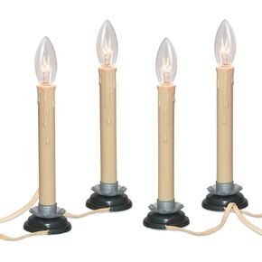 5 Inch Electric Window Candle Lamp with Black Plum Iron Base, Electric Country Candle Lamp with 7W C26 Clear Bulb, Plug in Electric Candle Ready to Turn On/Off, Ivory/Cream- Set of 4, Beige Wire