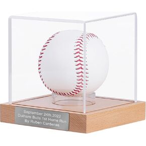 Baseball Display Case, Baseball Holder Case with Engraving Remember Your Special Baseball, UV Protected Acrylic Baseball Storage Box, Wood Stand (Beech Wood, Golden-Engraving)