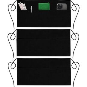 GREEN LIFESTYLE 3 Pack Server Aprons with 3 Pockets - Waist Apron, Waitress Apron for Women and Man, Water Resistant with Long Waist Strap Reinforced Seams, Half Apron (Black)