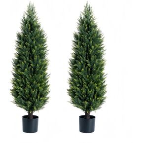 Artificial Cedar Tree, 3.4-Foot Outdoor Artificial UV Protected Shrub Potted Plant, Lifelike Fake Pruned Cypress Tree, 2 Pack of Artificial Shrub Plants for Decorating Indoors or Outdoors (40 inches)