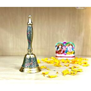 Meenakari Decorative Hand held Jingle Bells for Christmas Pooja Prayer Worship Bell - (7 Inch) - Blue