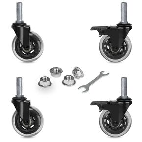 Hirate 3" Swivel Caster No Noise Industrial Castors, 1/2"-13 x 1.5" Threaded Stem Locking Casters for Furniture with Hex Lock Nuts(2 with Brakes & 2 without)