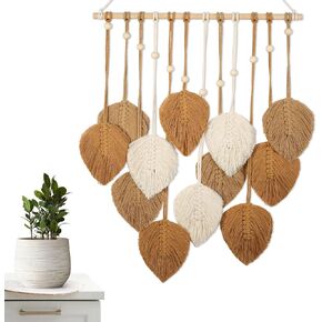 ASMPCUE Macrame Wall Hanging Leaves, Boho Wall Decor Art Feather Tapestry with 12 Leaves, Handmade Yarn Tassels Decorations for Living Room, Bedroom, Apartment Home Decor, 20 X 27.5 Inch, Black