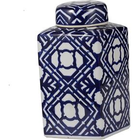 A & B Home 10 in H Square Blue/White Porcelain Valora Lidde Jar, Home Accent Décor