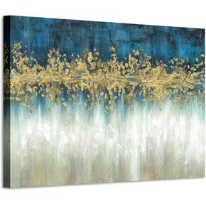 Large Abstract Landscape Canvas Painting: Rustic Hand-painted Texturing Gold Foils Brushstroke Gray Artwork Golden Framed Wall Art for Office (48" W x 24" H,Multi-Sized)