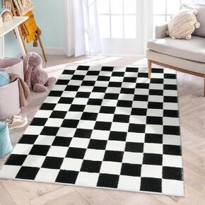 Lahome Checkered 3x5 Black and White Rug, Modern Black Rug for Living Room Classroom Cotton Woven Aesthetic Bathroom Rug, Boho Checkerboard Washable Rug Low Pile Floor Carpet for Office Bedroom