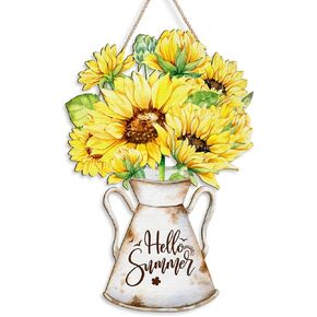 Hello Summer Watermelon Sign for Front Door Wood Hanger Outdoor Outside Porch Decor, Seasonal Farmhouse Wooden Wreath Indoor Wall Hanging Decoration 12x12inch
