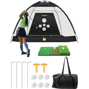 Golf Net 10x7ft All in 1 Golf Practice Net Set with Chipping, 1 Golf Mat, 6 Golf Balls, 2 Golf Tees, Bag, Golf Hitting Aids Net for Backyard Driving, Indoor Training