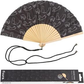 Fisura - Original folding fan with print. Folding fan for woman. Rave wooden folding fan. Fans for wedding, party and gift. (Cats, Black)
