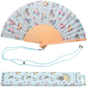 Fisura - Original folding fan with clouds print. Modern and colorful wooden folding fan. Blue design, Hanger included. Measures: 42,5 x 23 cm
