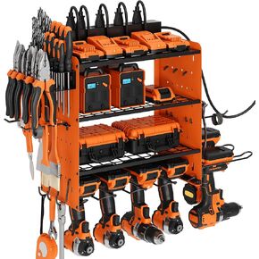 Modular Power Tool Organizer with Charging Station, Wall Mount Garage Shelf Rack with Hooks for 6 Drills, 4-Layer Shelf, Heavy Duty Tool Battry Holder Built in 8 Outlet Power Strip, Orange