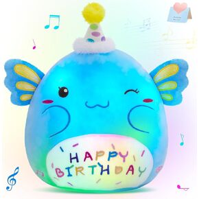 Light up Musical Happy Birthday Axolotl Plush Pillow,LED Stuffed Animals,Blue Axolotl Glowing Plush Toy,Light-up Singing Plush Birthday Gift for Toddler Boys Girls,14''