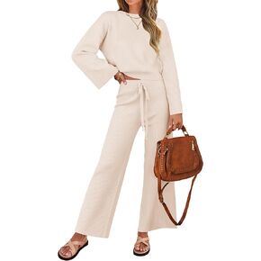 ZESICA Women's 2 Piece Outfits Set 2024 Casual Long Sleeve Knit Pullover Top and Wide Leg Pants Sweatsuit Lounge Sets