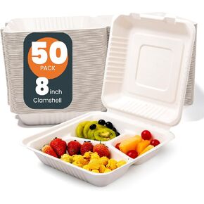 togo Containers Disposable - 8"x8" 3-Compartment 50pcs clamshell Take Out Food Containers 100% Compostable, White Biodegradable Meal Prep Box, To Go Containers with Lids for Food