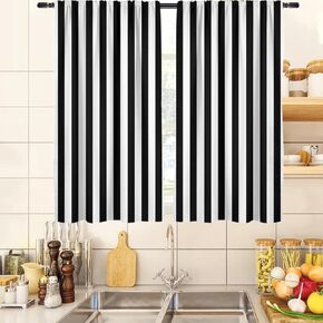 Black and White Kitchen Curtains Striped Simple Trendy Neutral Art Boys Men Teen Small Short 27.5" W x 39" L Window Treatment Tiers for Bedroom Living Room Bathroom 2 Panels Rod Pocket Drapes