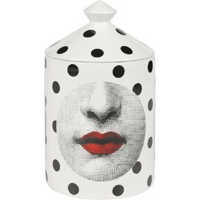 Decorative Candle Holder Handcrafted Aromatherapy Candle Jar Italian Designer Décor Fashionable Tabletop Vase Modern Art Female Face Eyes Lips Centerpiece. (Black Dots)