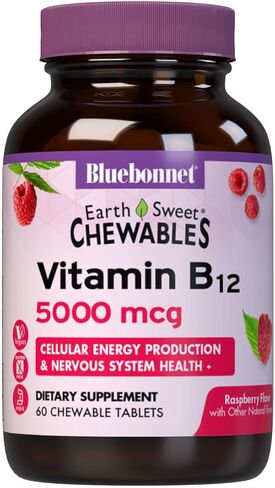 Bluebonnet Nutrition Earth Sweet Vitamin B12 5000 mcg Chewable Tablets, Soy-Free, Gluten-Free, Kosher Certified, Dairy-Free, Vegan, Raspberry Flavored, 30 Chewable Tablets, 30 Servings in Saudi Arabia