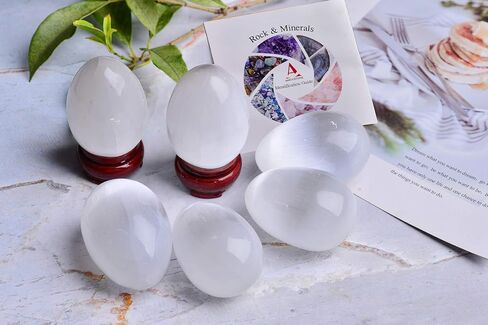 AMOYSTONE 6 قطع بيض من أحجار الكريستال السيلينيت المغربي مع قاعدة خشبية للشفاء والريكي وديكور المنزل 1.5-2 بوصة in Kuwait