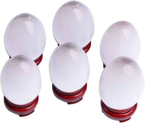 AMOYSTONE 6 قطع بيض من أحجار الكريستال السيلينيت المغربي مع قاعدة خشبية للشفاء والريكي وديكور المنزل 1.5-2 بوصة in Kuwait