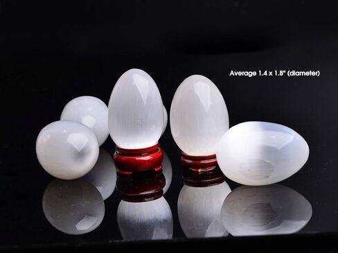 AMOYSTONE 6 قطع بيض من أحجار الكريستال السيلينيت المغربي مع قاعدة خشبية للشفاء والريكي وديكور المنزل 1.5-2 بوصة in Kuwait