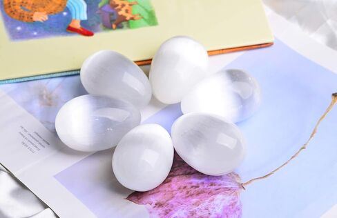 AMOYSTONE 6 قطع بيض من أحجار الكريستال السيلينيت المغربي مع قاعدة خشبية للشفاء والريكي وديكور المنزل 1.5-2 بوصة in Kuwait