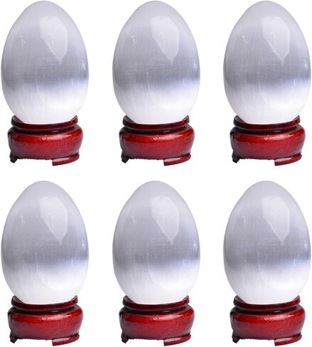 AMOYSTONE 6 قطع بيض من أحجار الكريستال السيلينيت المغربي مع قاعدة خشبية للشفاء والريكي وديكور المنزل 1.5-2 بوصة in Kuwait