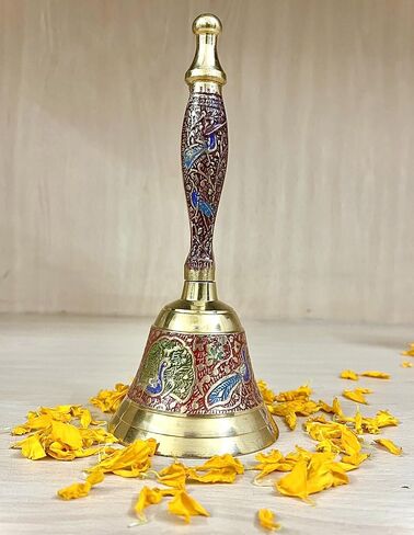 Meenakari Decorative Hand held Jingle Bells for Christmas Pooja Prayer Worship Bell - (7 Inch) - Blue in Kuwait