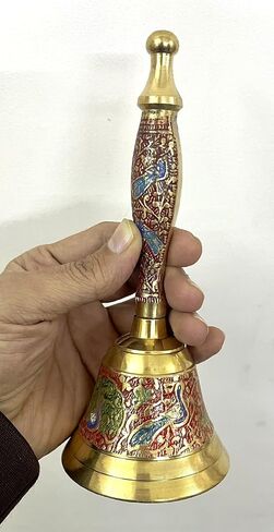 Meenakari Decorative Hand held Jingle Bells for Christmas Pooja Prayer Worship Bell - (7 Inch) - Blue in Kuwait