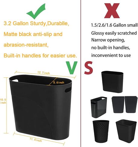 سلة مهملات رفيعة سعة 3.2 جالون سعة 12 لترًا سلة مهملات بلاستيكية صغيرة للحمام، سلة مهملات المكتب، حاوية قمامة رفيعة مع مقابض للمساحات الضيقة للمكتب والمنزل، رمادي، عبوتان in Kuwait