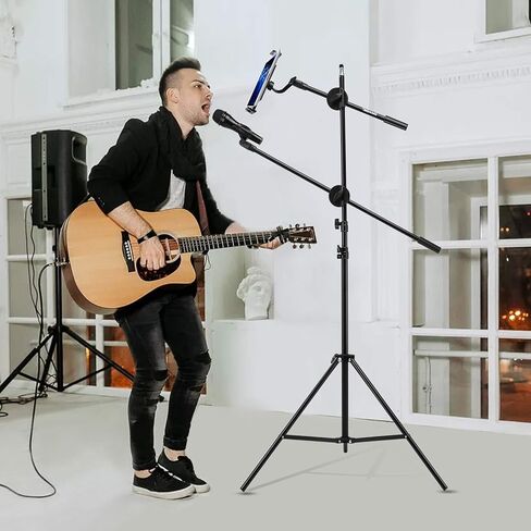 حامل ميكروفون، حامل ميكروفون IMAGE مع حامل مشبك ميكروفون، قاعدة معدنية ثقيلة قابلة للطي وتعديل الارتفاع للكمبيوتر الشخصي أو الكمبيوتر اللوحي أو الهاتف المحمول in Kuwait