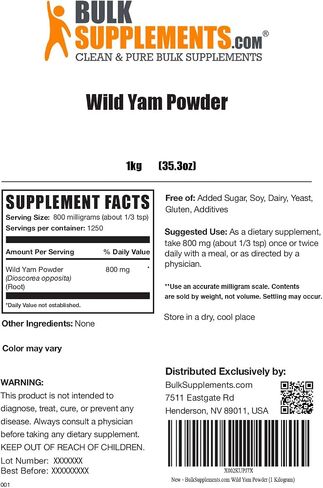 BulkSupplements.com Wild Yam Powder - Herbal Supplement, Wild Yam Supplement, Wild Yam Root Powder - Gluten Free, 800mg per Serving, 500g (1.1 lbs) (Pack of 1) in Saudi Arabia