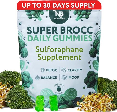 NeuroBrocc Sulforaphane Supplement Gummies - Potent Broccoli Sprout Extract Supplement - 60 Vegan Friendly Green Apple Flavor Gummies in Saudi Arabia