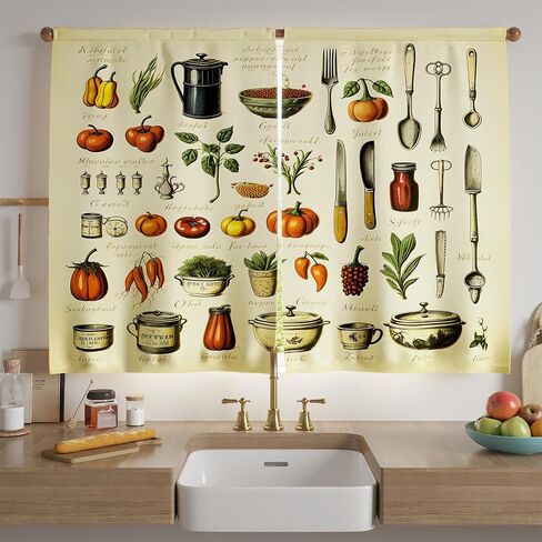 Mid Century Researchology Kitchen Curtains, Kitchenware Fruit pattern Short Curtain for Small Window Drapes, Rod Pocket Cafe Drapes Rustic Country for Bathroom Living Room, 2 Panels 27.5x39 Inch in Saudi Arabia