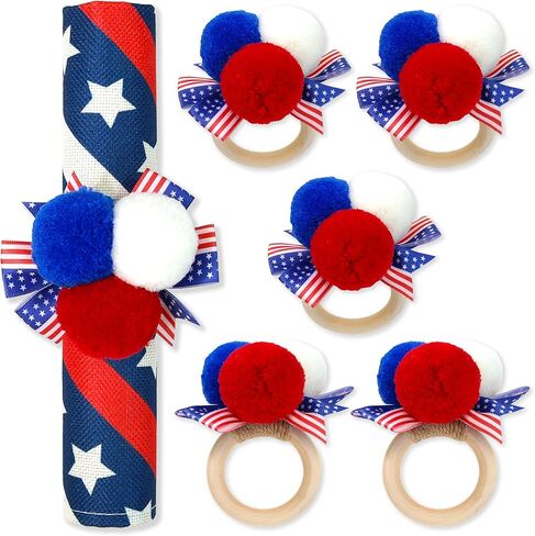 6PCS 4th of July Napkin Rings Patriotic Napkin Rings Holders Independence Day Serviette Rings Blue Red Pom Pom Napkin Rings for Memorial Day 4th of July Dinner Wedding Party Dining Table Decor in Kuwait