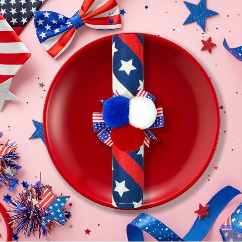 6PCS 4th of July Napkin Rings Patriotic Napkin Rings Holders Independence Day Serviette Rings Blue Red Pom Pom Napkin Rings for Memorial Day 4th of July Dinner Wedding Party Dining Table Decor in Kuwait