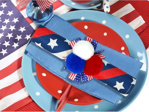 6PCS 4th of July Napkin Rings Patriotic Napkin Rings Holders Independence Day Serviette Rings Blue Red Pom Pom Napkin Rings for Memorial Day 4th of July Dinner Wedding Party Dining Table Decor in Kuwait