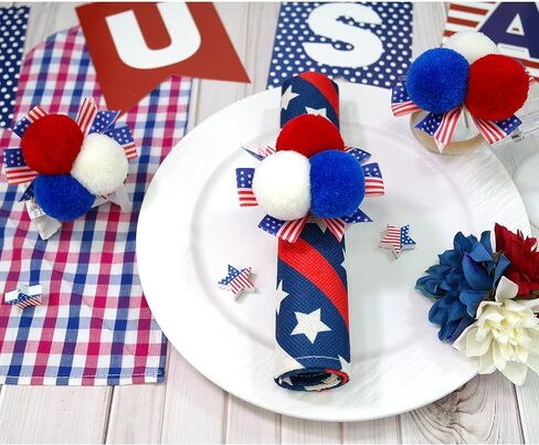 6PCS 4th of July Napkin Rings Patriotic Napkin Rings Holders Independence Day Serviette Rings Blue Red Pom Pom Napkin Rings for Memorial Day 4th of July Dinner Wedding Party Dining Table Decor in Kuwait