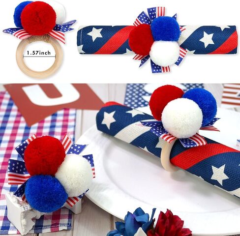 6PCS 4th of July Napkin Rings Patriotic Napkin Rings Holders Independence Day Serviette Rings Blue Red Pom Pom Napkin Rings for Memorial Day 4th of July Dinner Wedding Party Dining Table Decor in Kuwait