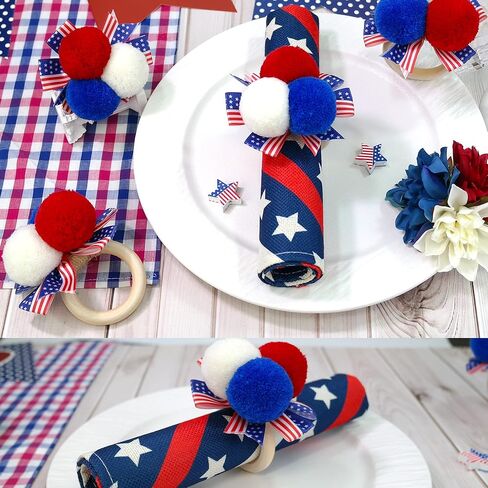 6PCS 4th of July Napkin Rings Patriotic Napkin Rings Holders Independence Day Serviette Rings Blue Red Pom Pom Napkin Rings for Memorial Day 4th of July Dinner Wedding Party Dining Table Decor in Kuwait