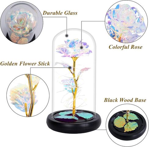 DEEMEI Valentines Day Gifts for Her, Valentines Gifts for Women, Valentines Gifts for Mom,Galaxy Colorful Rose Gifts for Mothers Day Birthday Christmas Crystal Flowers Light Up Rose in Glass Dome in Kuwait
