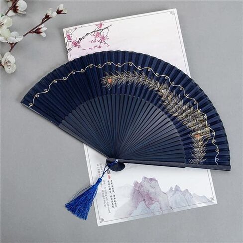 Folding Hand Fan River Star Night Pattern Foldable Vintage Style Bamboo Silk Fan for Home Wall Decoration, Costume Party, Birthday Gift, Show in Saudi Arabia