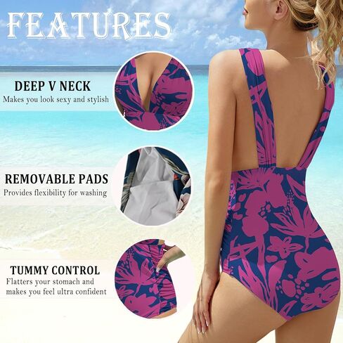 Women One Piece Swimsuit Tummy Control Deep V-Neck Bathing Suit Floral Print Blackless Bikini Swimwear in Saudi Arabia