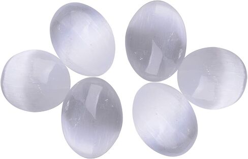 AMOYSTONE 6 قطع بيض من أحجار الكريستال السيلينيت المغربي مع قاعدة خشبية للشفاء والريكي وديكور المنزل 1.5-2 بوصة in Kuwait