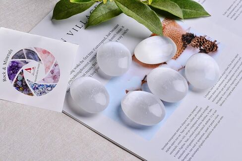 AMOYSTONE 6 قطع بيض من أحجار الكريستال السيلينيت المغربي مع قاعدة خشبية للشفاء والريكي وديكور المنزل 1.5-2 بوصة in Kuwait