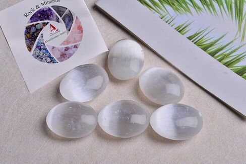 AMOYSTONE 6 قطع بيض من أحجار الكريستال السيلينيت المغربي مع قاعدة خشبية للشفاء والريكي وديكور المنزل 1.5-2 بوصة in Kuwait