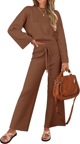 ZESICA Women's 2 Piece Outfits Set 2024 Casual Long Sleeve Knit Pullover Top and Wide Leg Pants Sweatsuit Lounge Sets in Saudi Arabia
