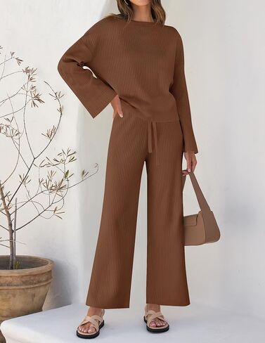 ZESICA Women's 2 Piece Outfits Set 2024 Casual Long Sleeve Knit Pullover Top and Wide Leg Pants Sweatsuit Lounge Sets in Saudi Arabia