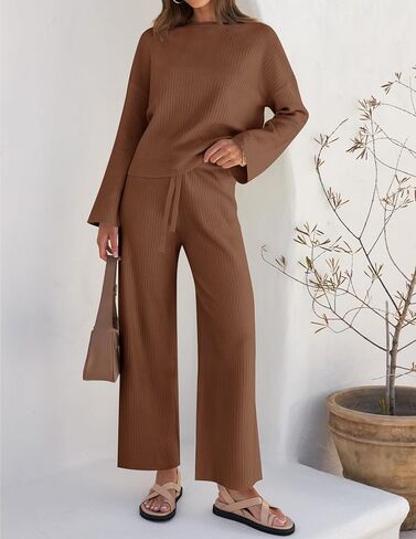 ZESICA Women's 2 Piece Outfits Set 2024 Casual Long Sleeve Knit Pullover Top and Wide Leg Pants Sweatsuit Lounge Sets in Saudi Arabia